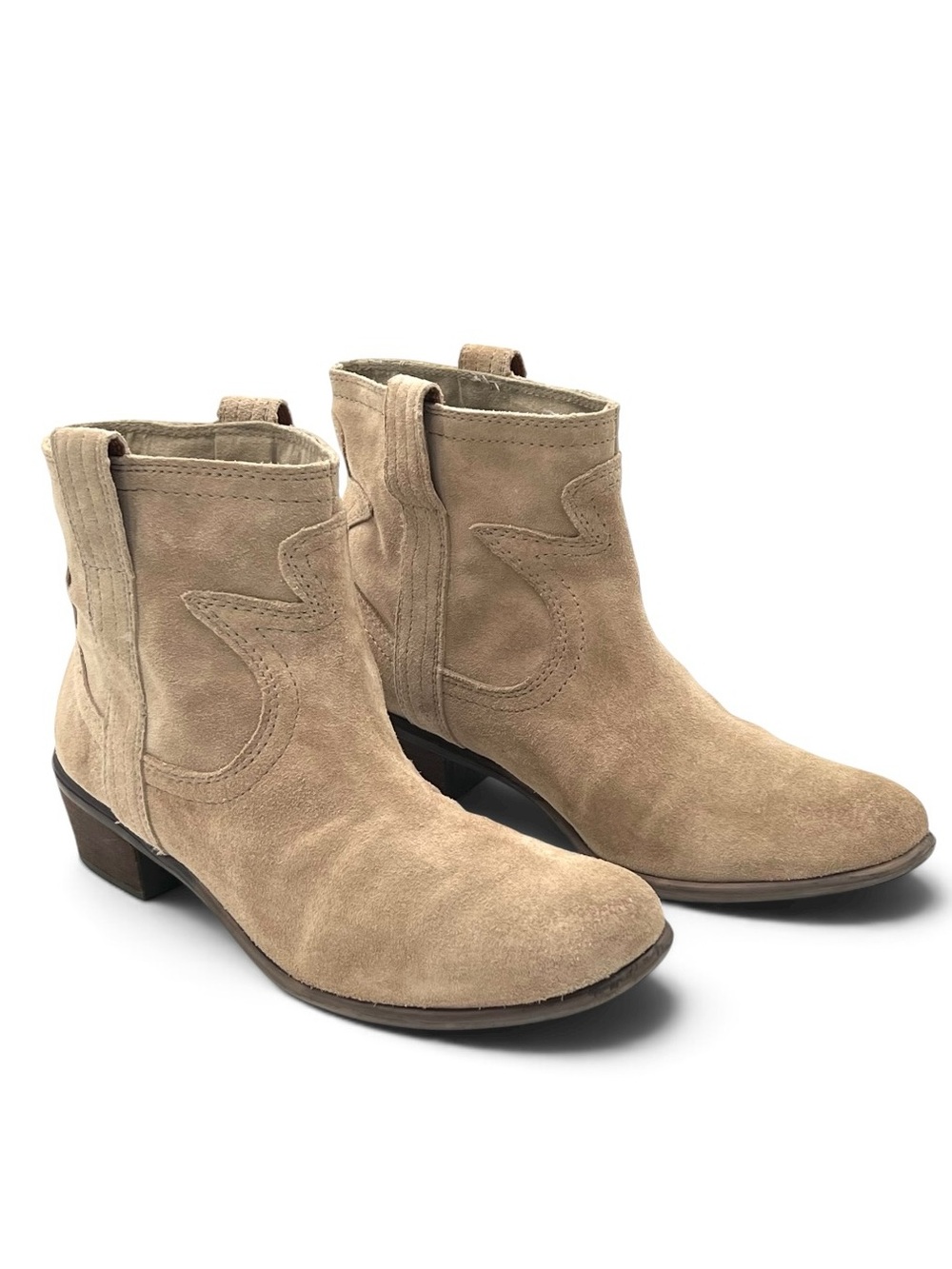 Lucky Brand Terra Suede Western Ankle Boots 8.5 Tan Beige Leather Cowboy Booties